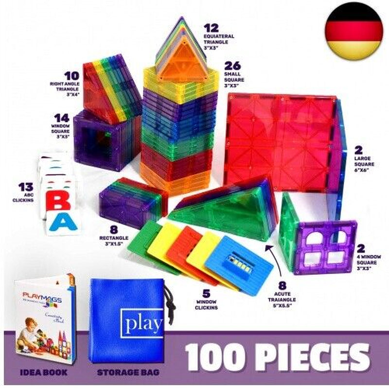 Playmags Magnetische Bausteine - 100 Stück Super Set: Mit Stärksten Magneten G